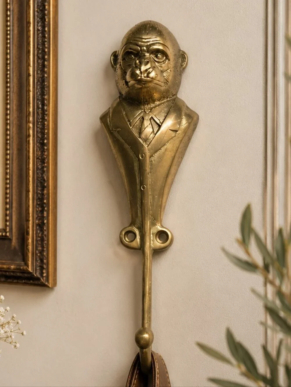 Brass Tone Monkey Wall Hook Gentleman in Suit Gold Eclectic Maximalist Decor